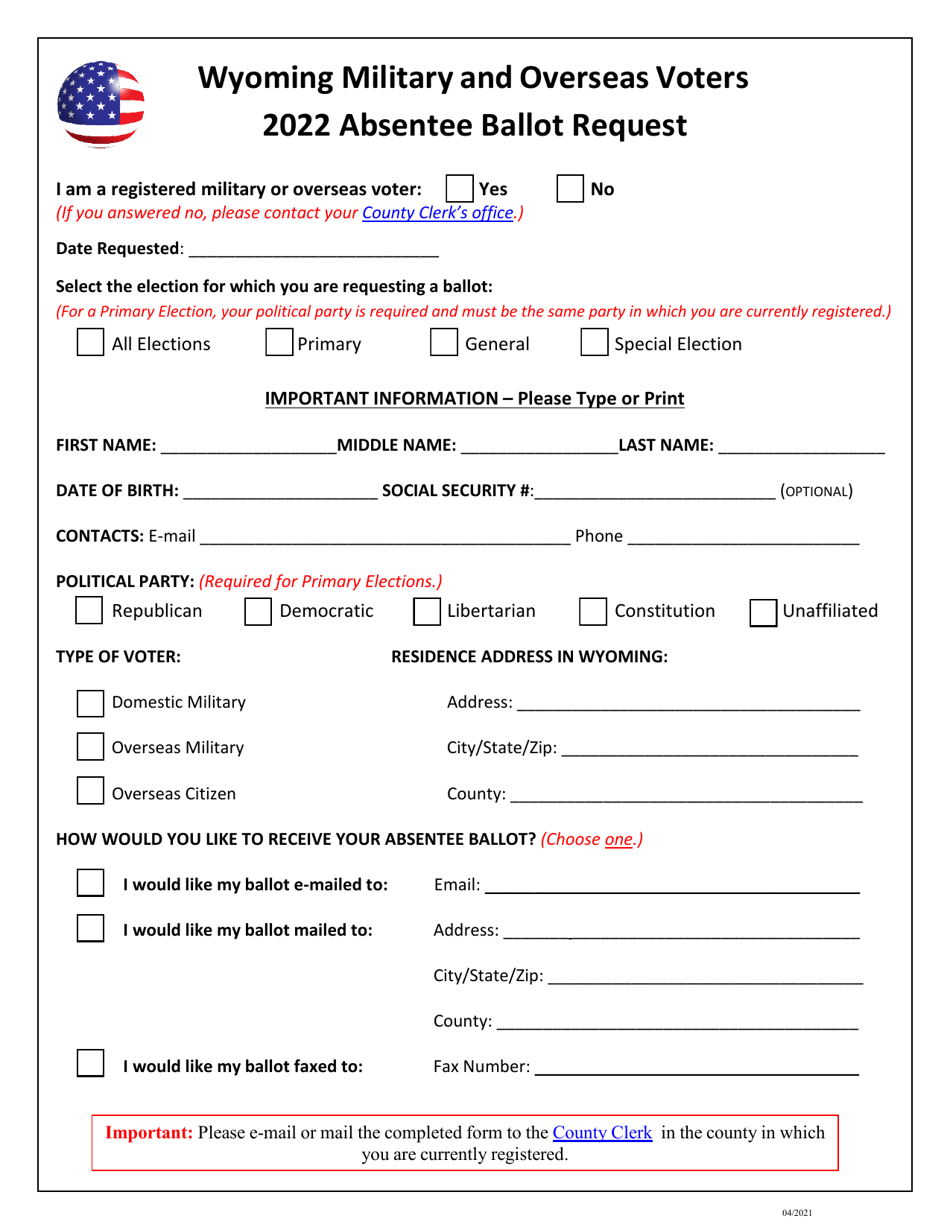 Wyoming Military and Overseas Voters Absentee Ballot Request - Wyoming, Page 1