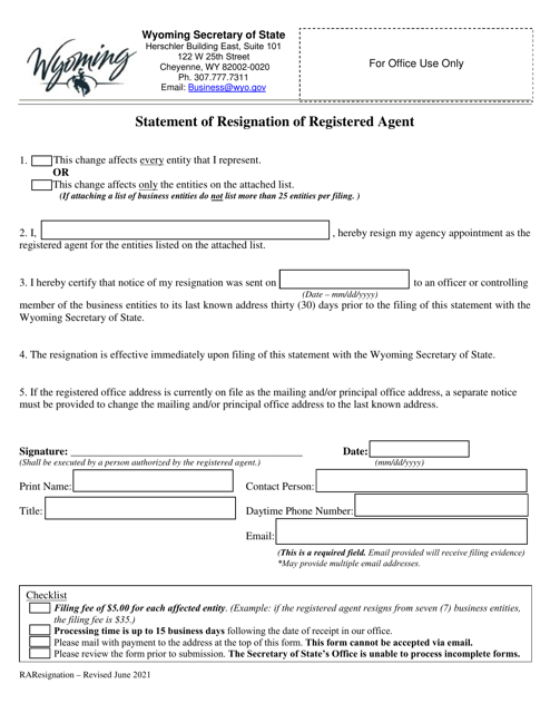 Statement of Resignation of Registered Agent - Wyoming Download Pdf