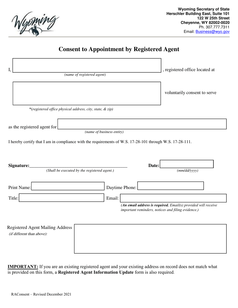 Wyoming Consent To Appointment By Registered Agent Fill Out Sign Online And Download Pdf 0641