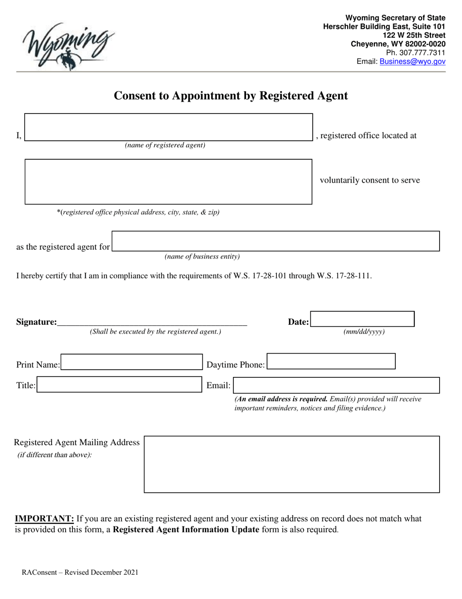 Consent to Appointment by Registered Agent - Wyoming, Page 1