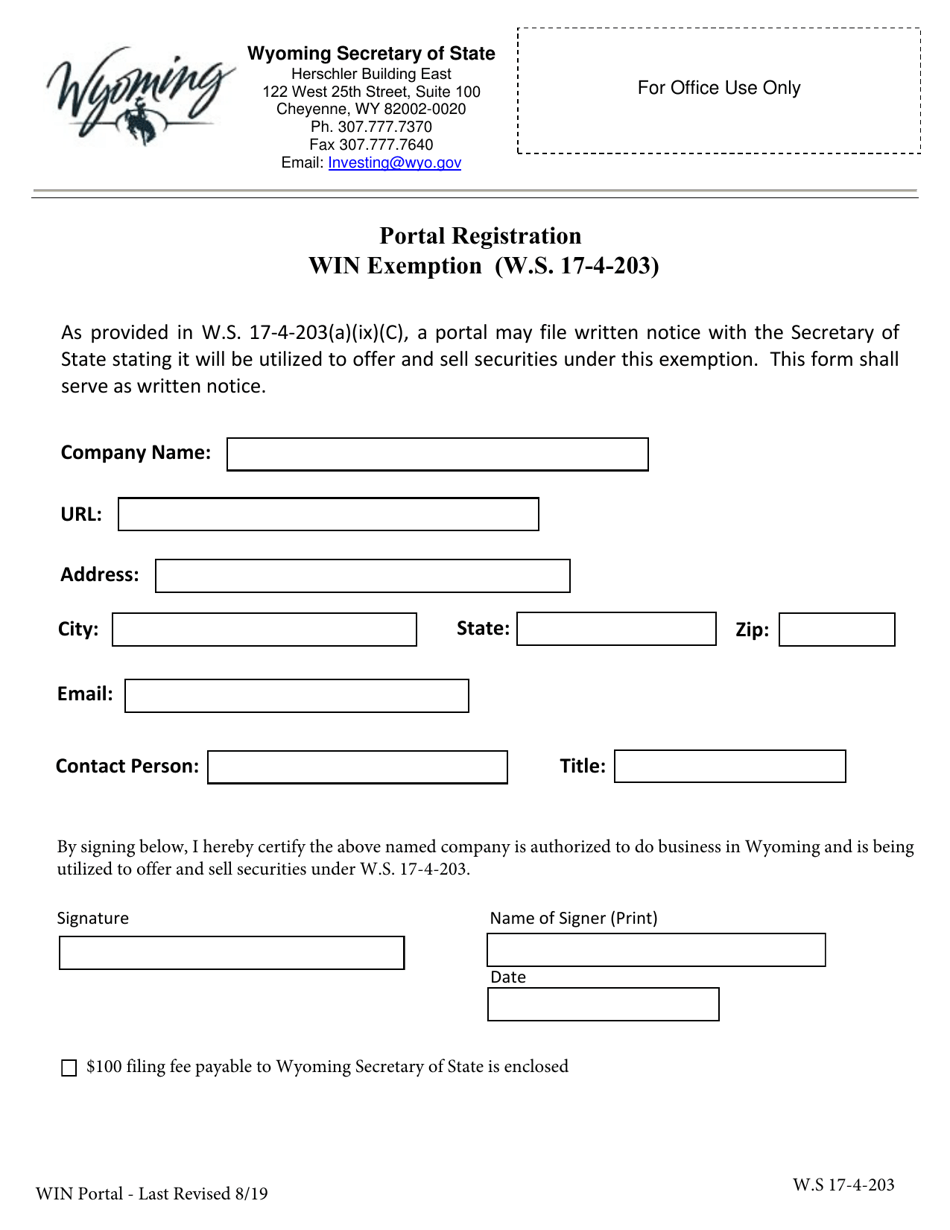 Portal Registration - Win Exemption (W.s. 17-4-203) - Wyoming, Page 1