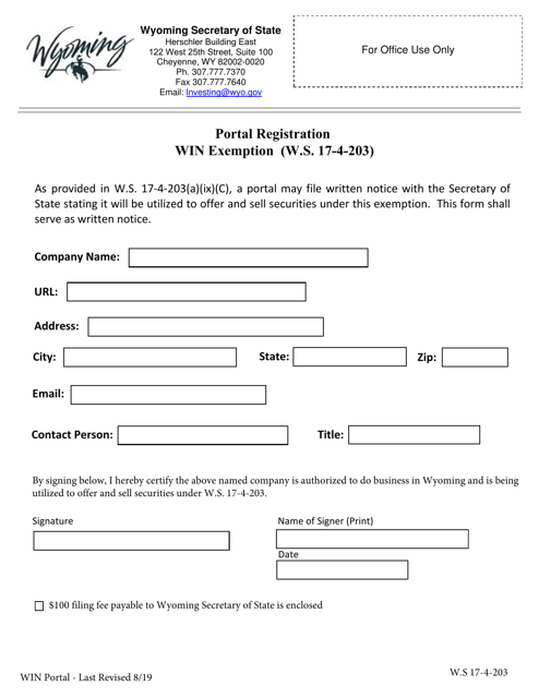 Portal Registration - Win Exemption (W.s. 17-4-203) - Wyoming Download Pdf