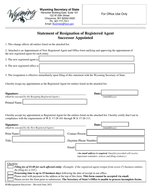 Statement of Resignation of Registered Agent Successor Appointed - Wyoming Download Pdf