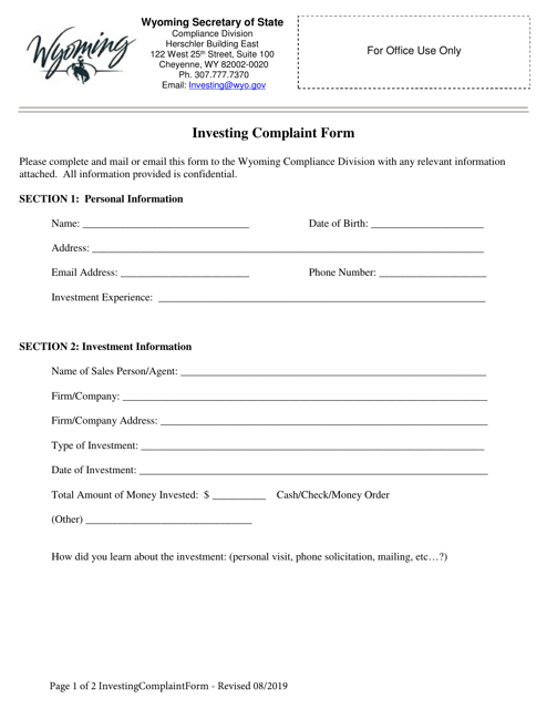 Investing Complaint Form - Wyoming