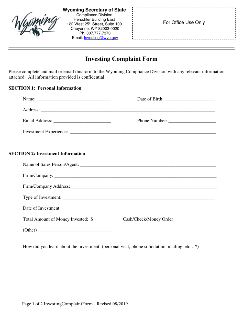 Investing Complaint Form - Wyoming, Page 1