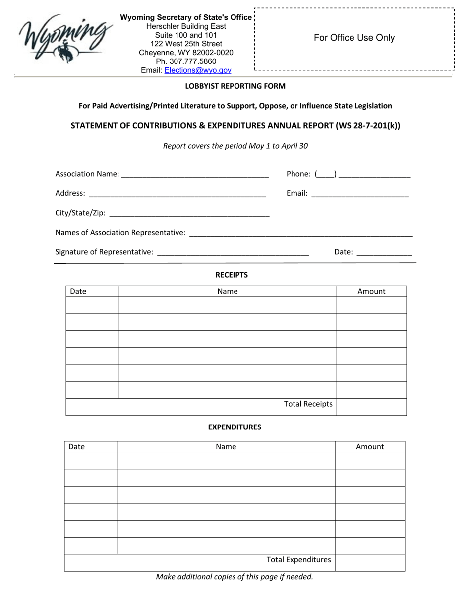 Lobbyist Reporting Form for Paid Advertising / Printed Literature to Support, Oppose, or Influence State Legislation - Wyoming, Page 2