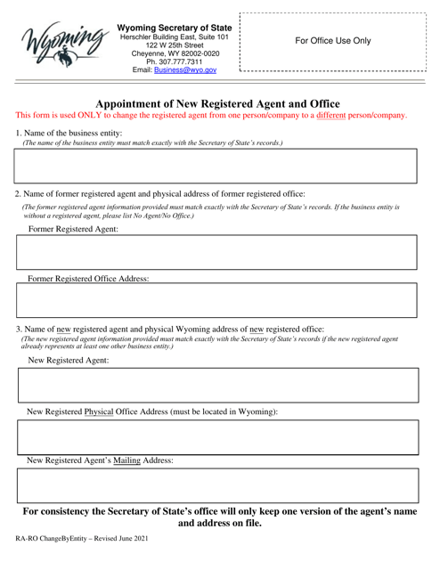 Appointment of New Registered Agent and Office - Wyoming Download Pdf