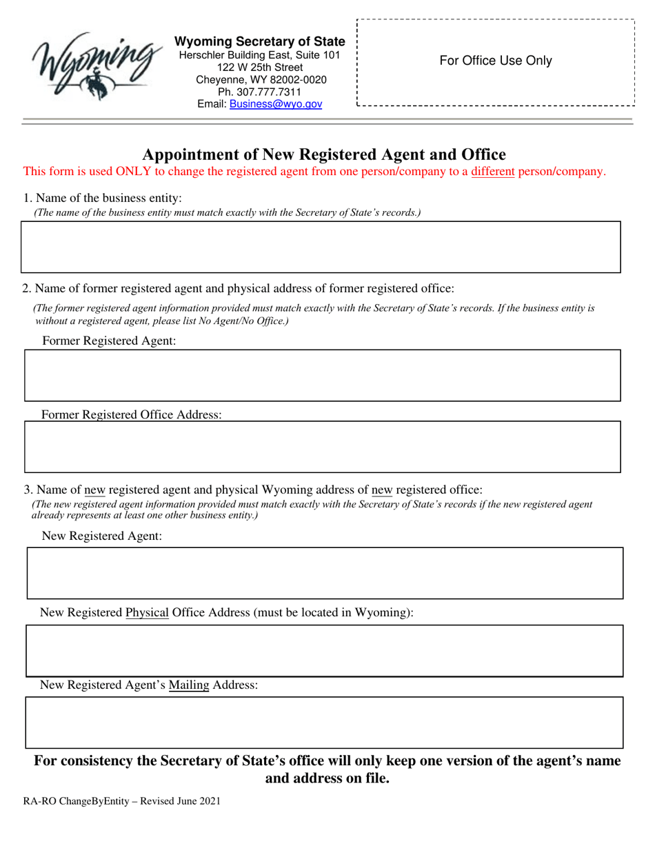 Wyoming Appointment of New Registered Agent and Office Fill Out, Sign