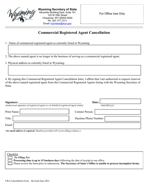 Commercial Registered Agent Cancellation - Wyoming Download Pdf