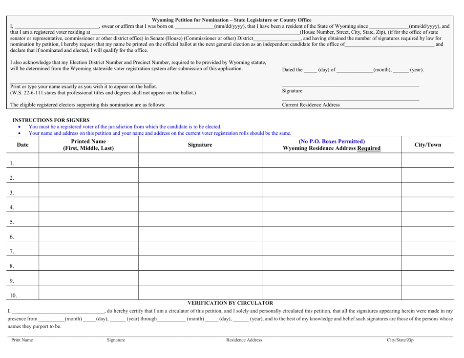 Wyoming Legislative and County Petition for Nomination of Independent ...