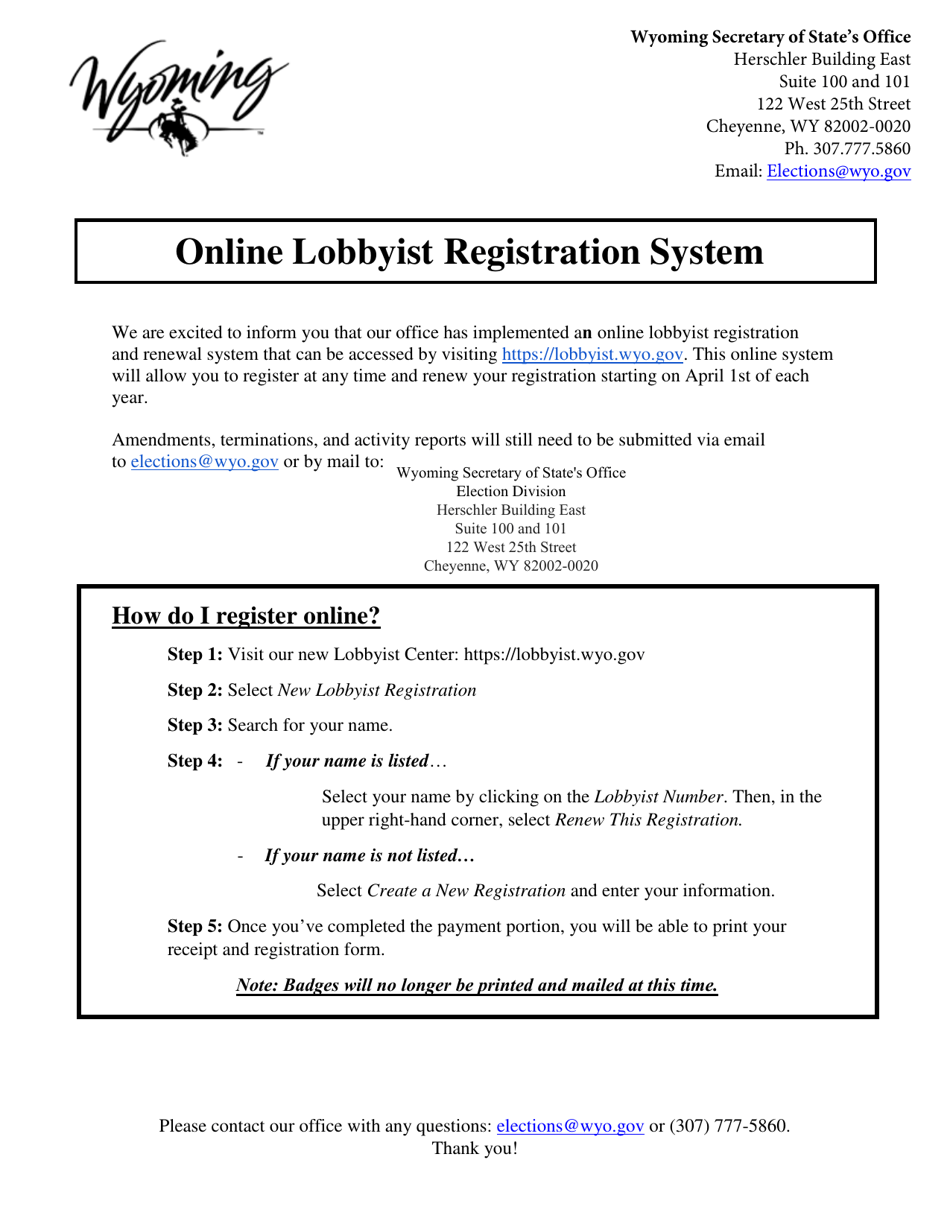 Lobbyist Registration Form - Wyoming, Page 1