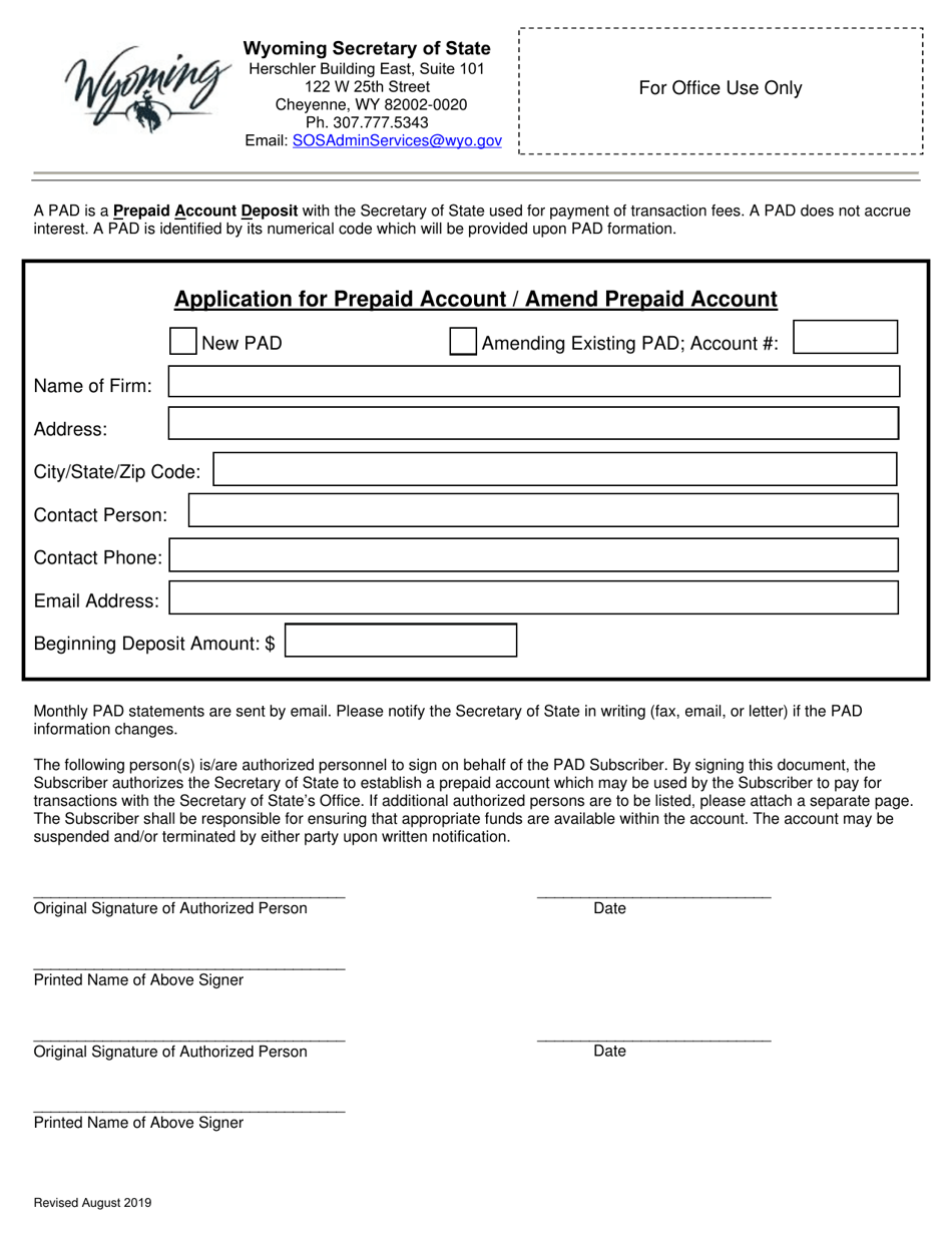 Application for Prepaid Account / Amend Prepaid Account - Wyoming, Page 1