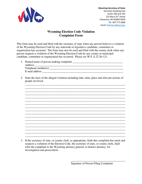 Wyoming Election Code Violation Complaint Form - Wyoming Download Pdf