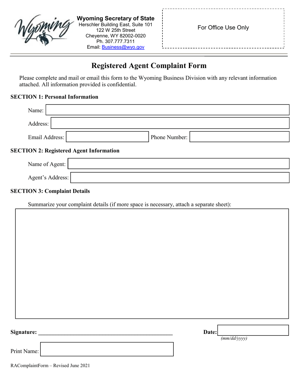 Registered Agent Complaint Form - Wyoming, Page 1