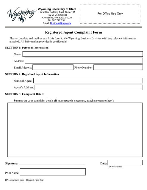 Registered Agent Complaint Form - Wyoming Download Pdf