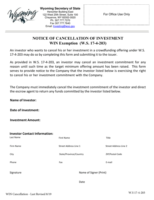 Notice of Cancellation of Investment Win Exemption - Wyoming