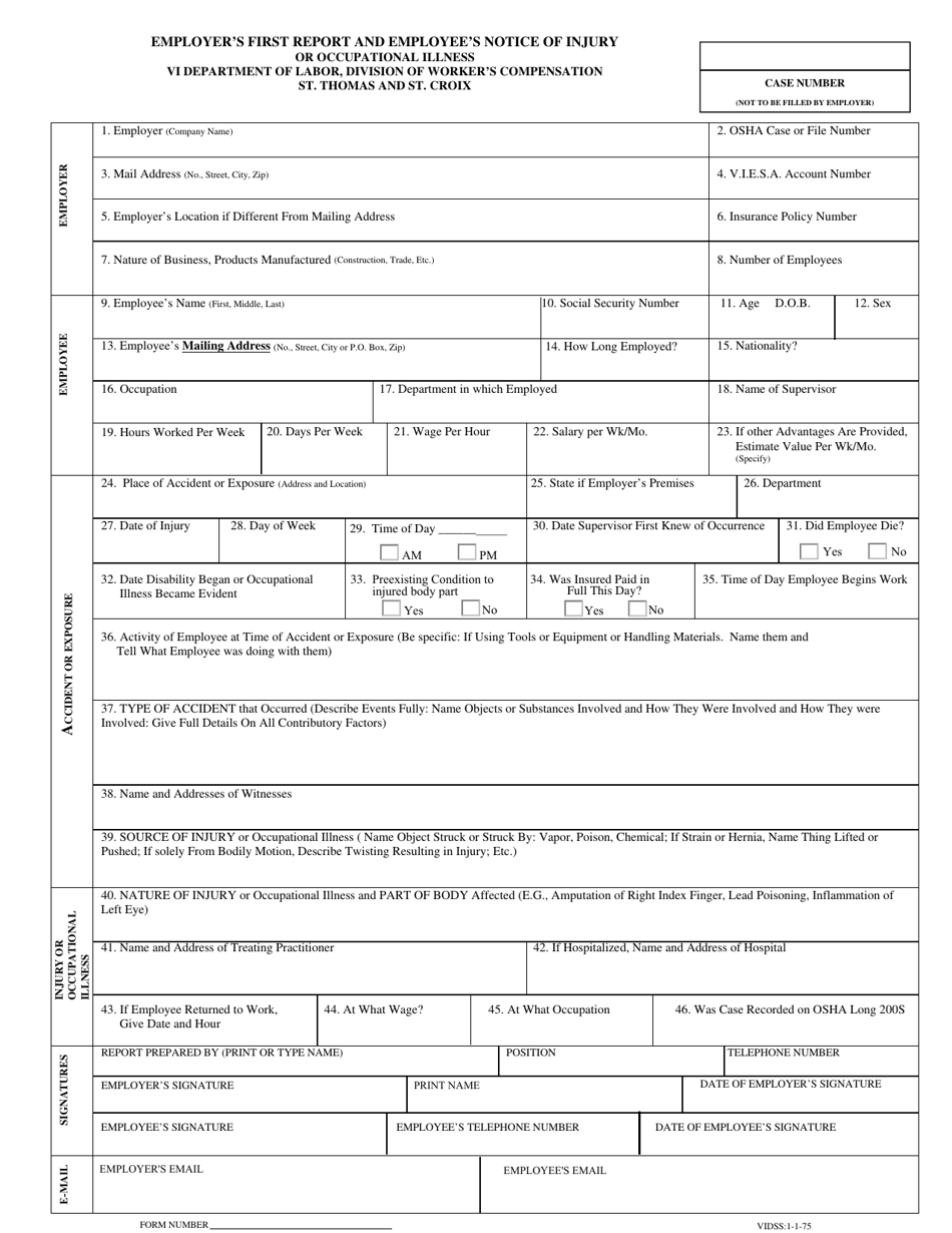 Virgin Islands Employer's First Report And Employee's Notice Of Injury 