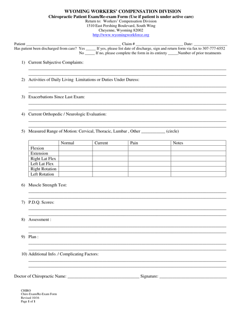 Chiropractic Patient Exam / Re-exam Form - Wyoming Download Pdf