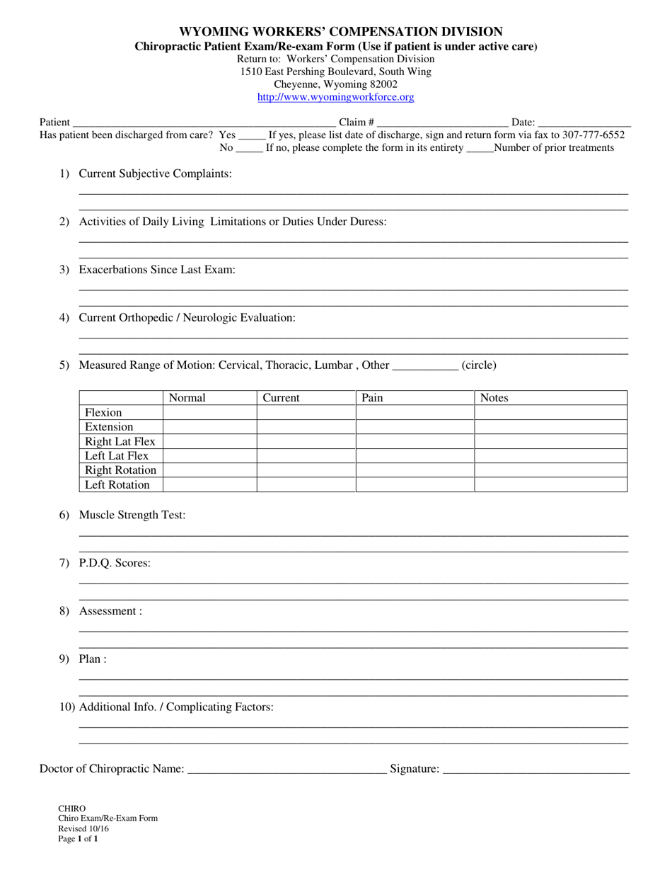 Chiropractic Patient Exam / Re-exam Form - Wyoming, Page 1
