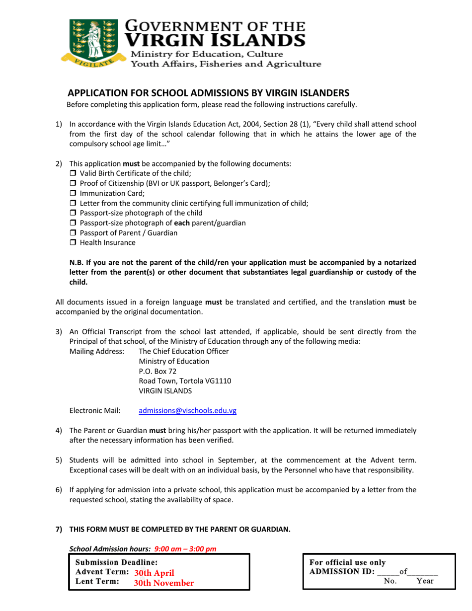 Application for School Admissions by Virgin Islanders - British Virgin Islands, Page 1
