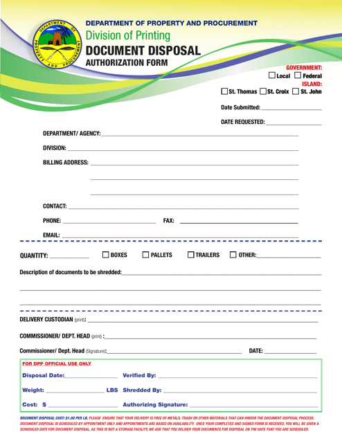 Document Disposal Authorization Form - Virgin Islands Download Pdf