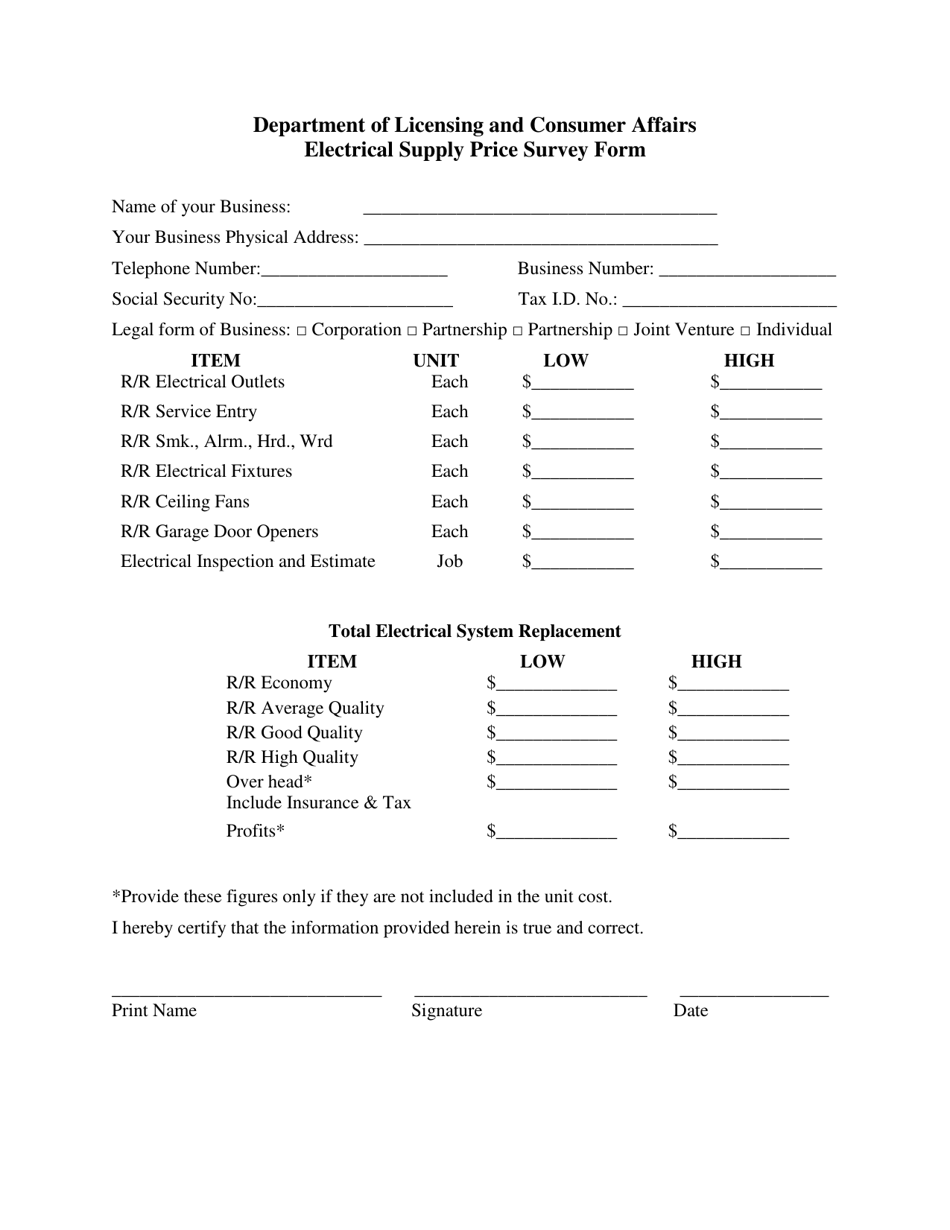 Electrical Supply Price Survey Form - Virgin Islands, Page 1