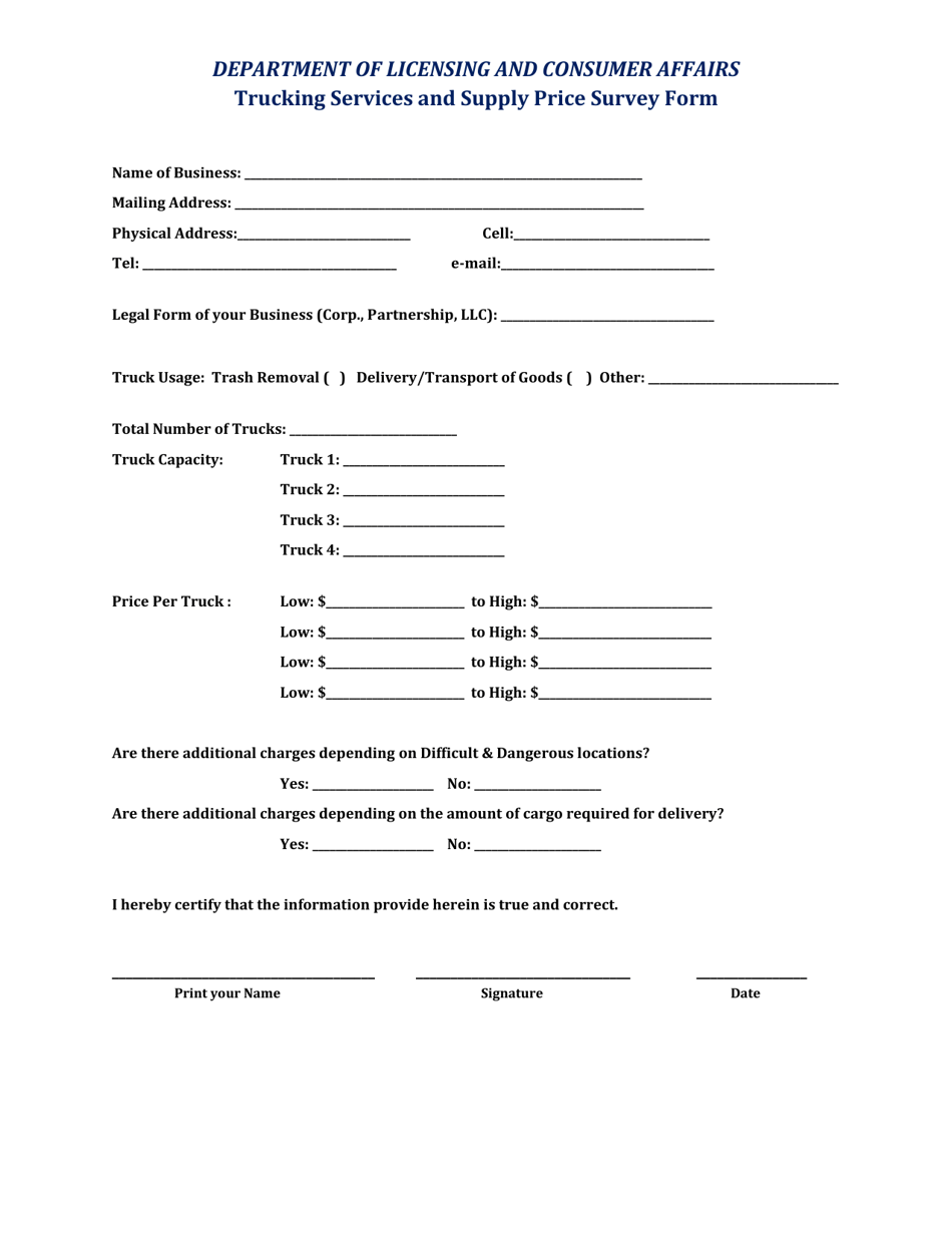 Trucking Services and Supply Price Survey Form - Virgin Islands, Page 1