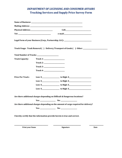 Trucking Services and Supply Price Survey Form - Virgin Islands