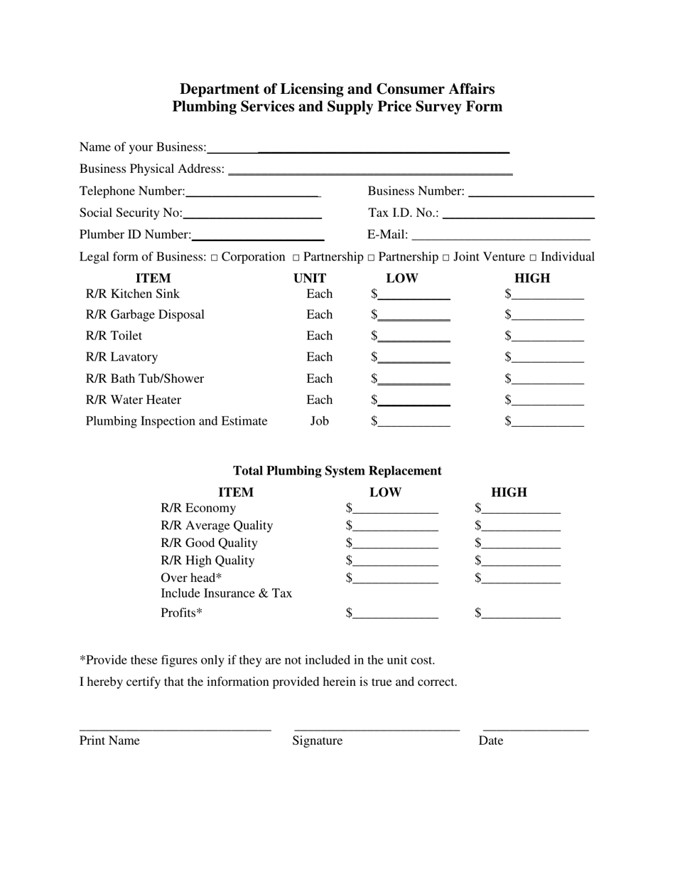 Plumbing Services and Supply Price Survey Form - Virgin Islands, Page 1