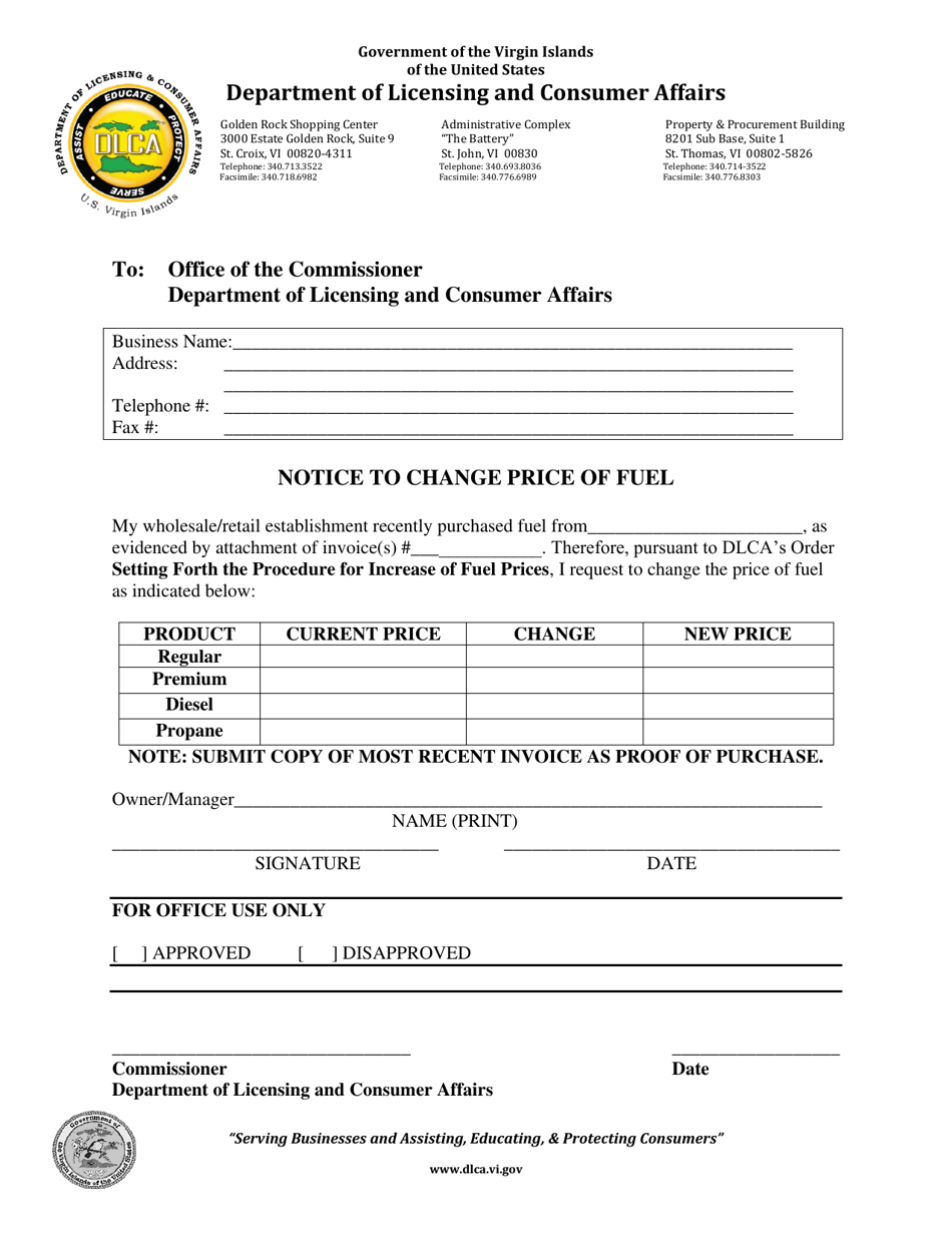 Notice to Change Price of Fuel - Virgin Islands, Page 1