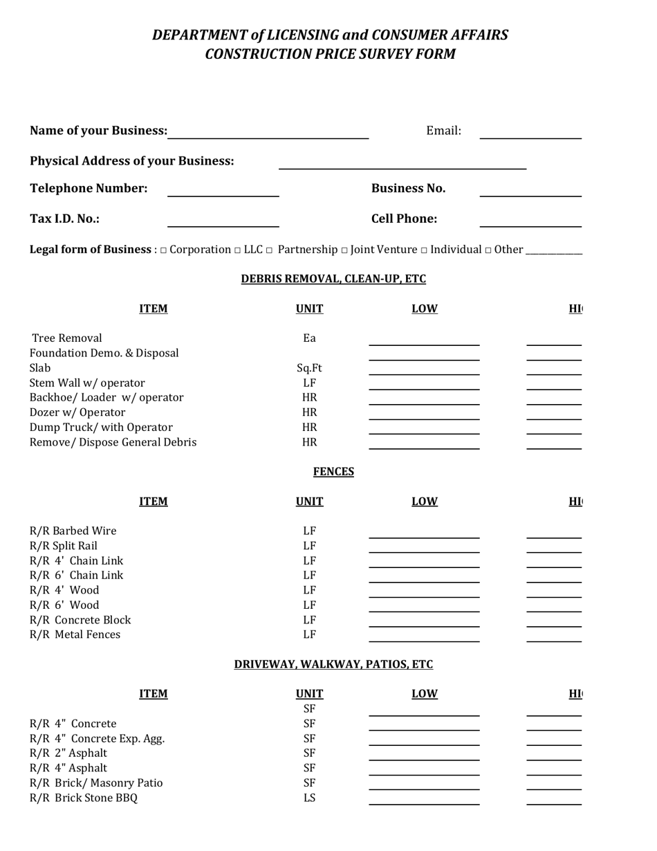 Construction Price Survey Form - Virgin Islands, Page 1