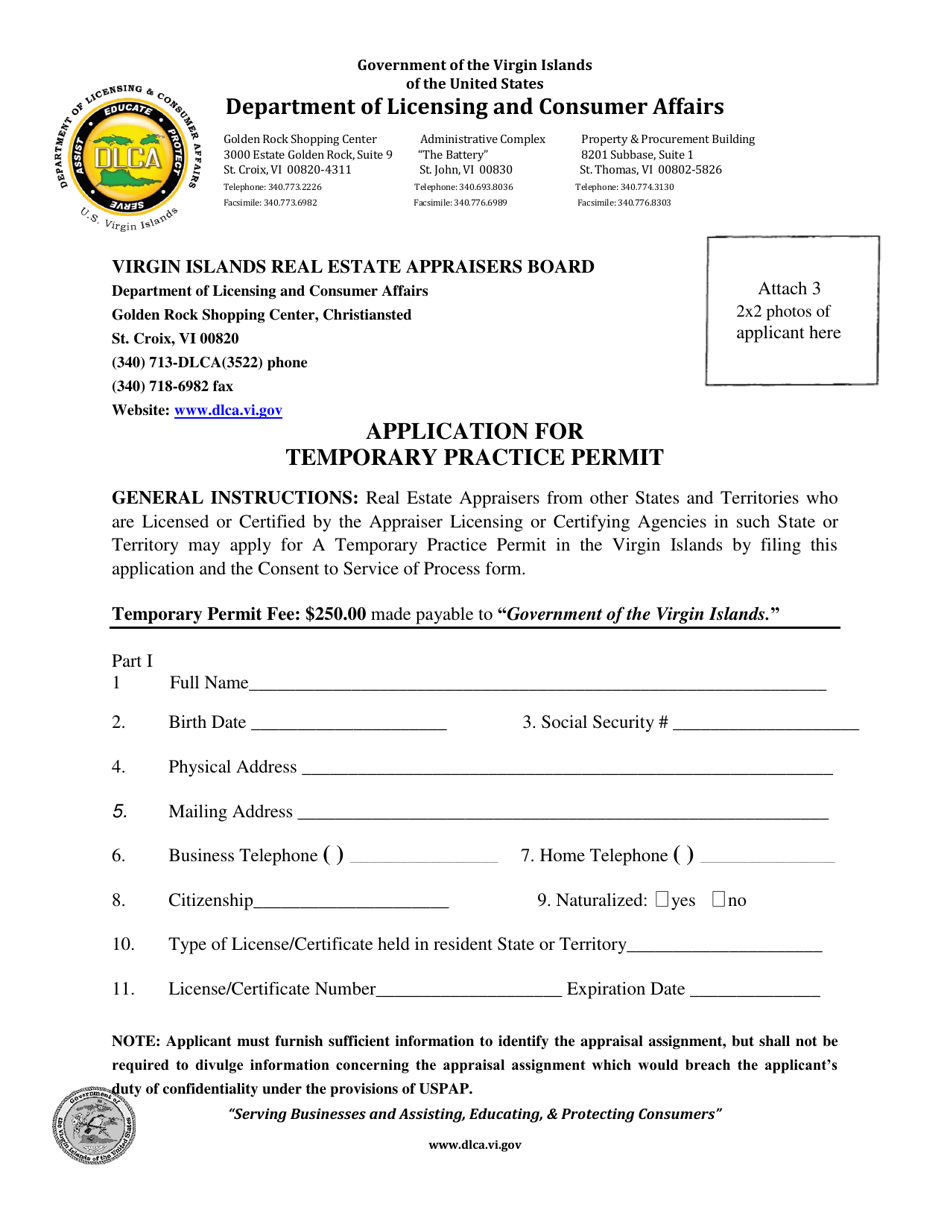 Application for Temporary Practice Permit - Virgin Islands, Page 1