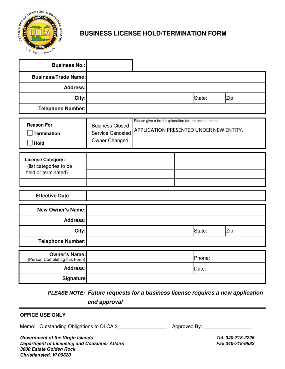 Business License Hold / Termination Form - Virgin Islands, Page 1