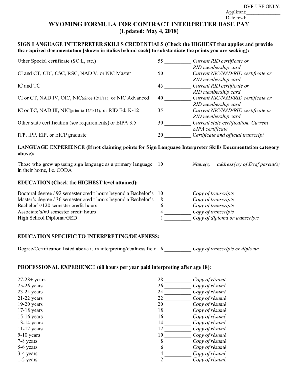 Wyoming Formula for Contract Interpreter Base Pay - Wyoming, Page 1