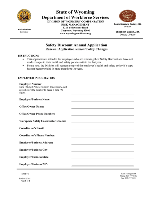 Safety Discount Annual Application - Renewal Application Without Policy Changes - Wyoming Download Pdf