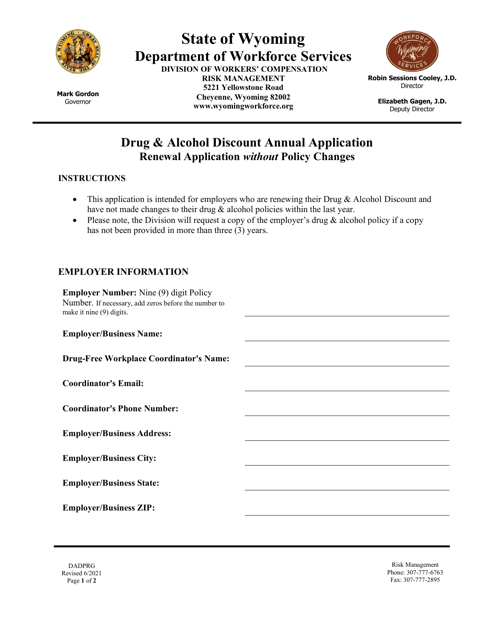 Drug and Alcohol Discount Annual Application - Renewal Application Without Policy Changes - Wyoming Download Pdf