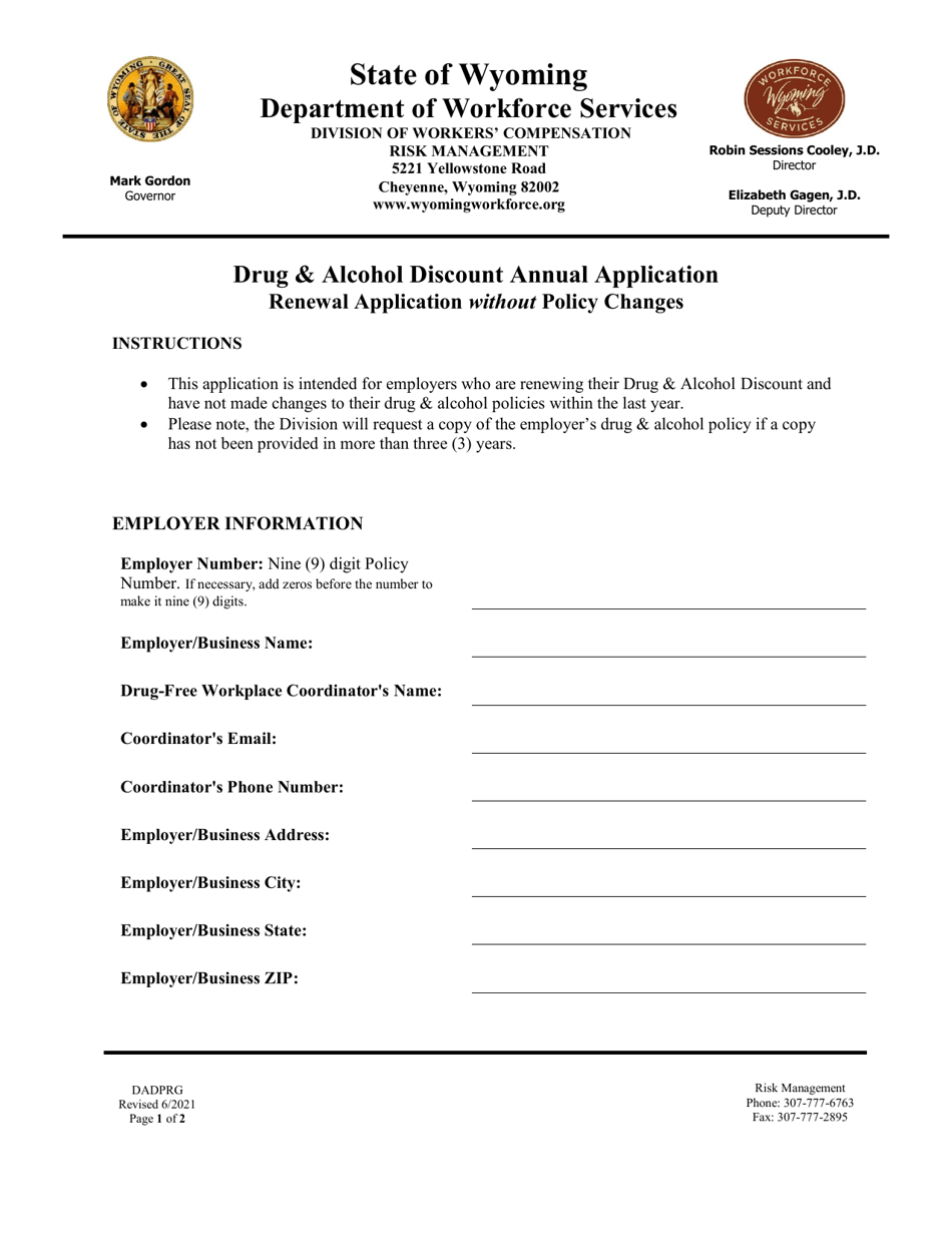 Drug and Alcohol Discount Annual Application - Renewal Application Without Policy Changes - Wyoming, Page 1
