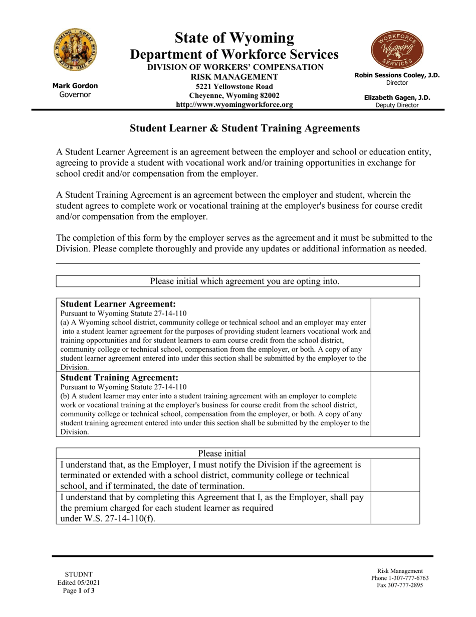 Student Learner  Student Training Agreements - Wyoming, Page 1