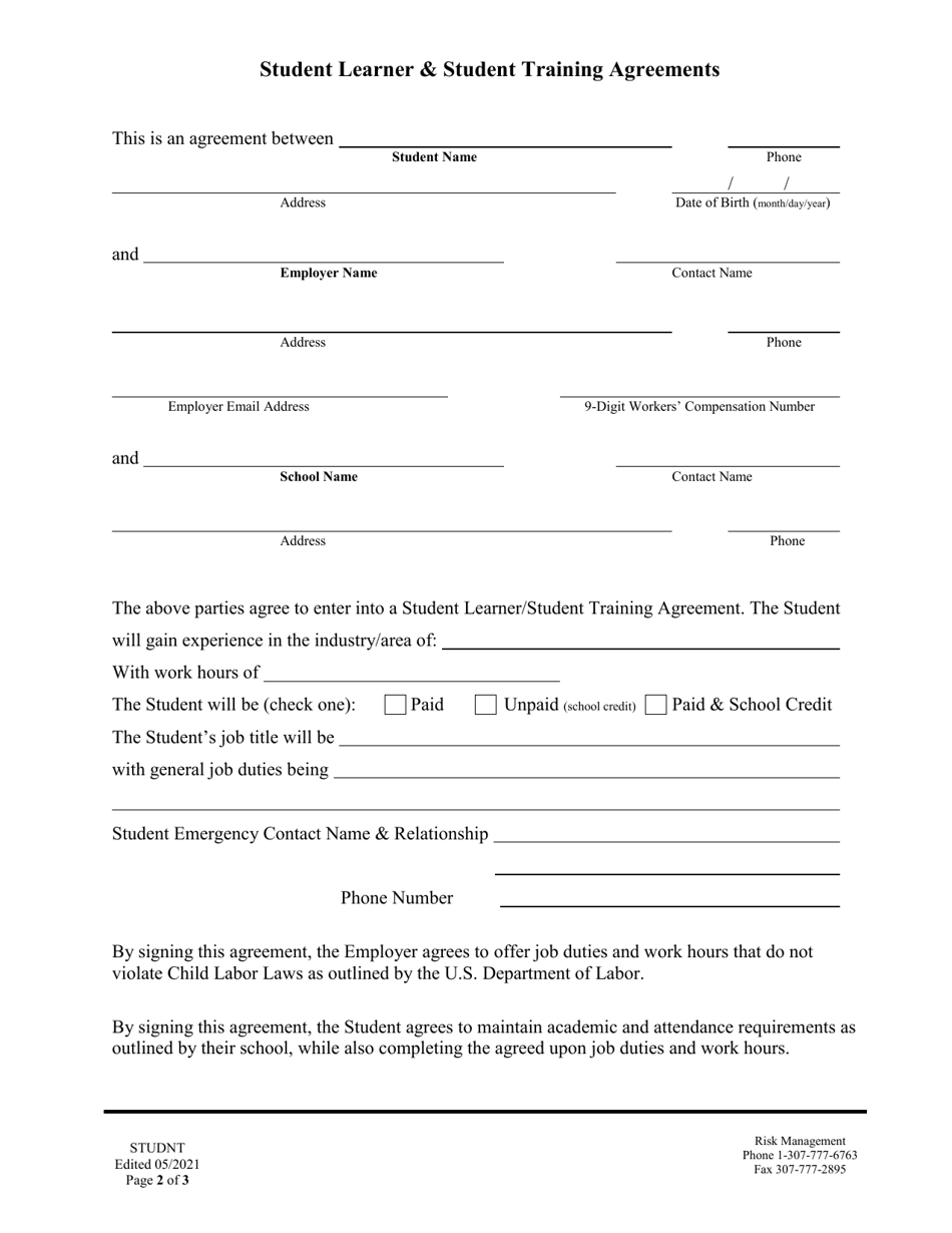 Student Learner  Student Training Agreements - Wyoming, Page 2