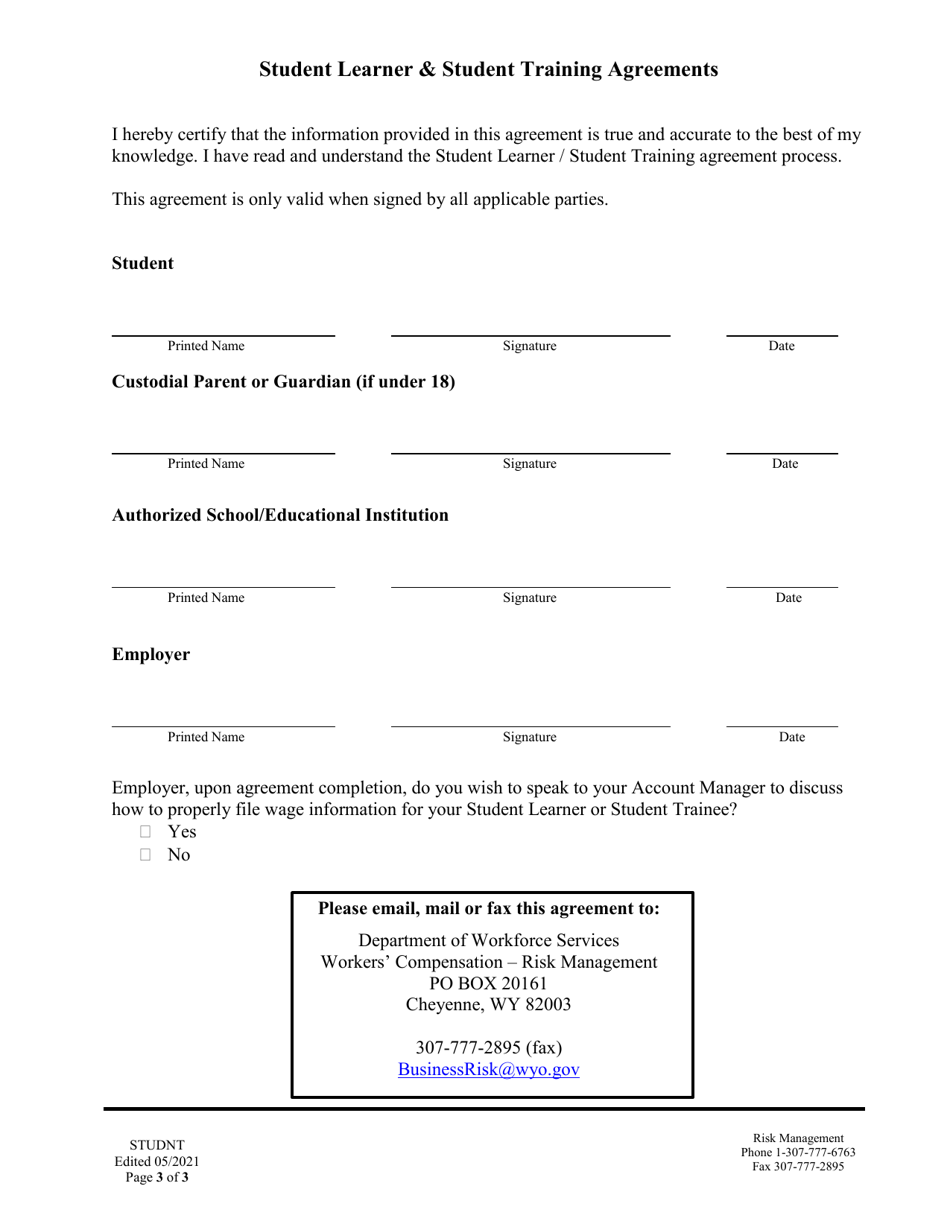 Student Learner  Student Training Agreements - Wyoming, Page 3