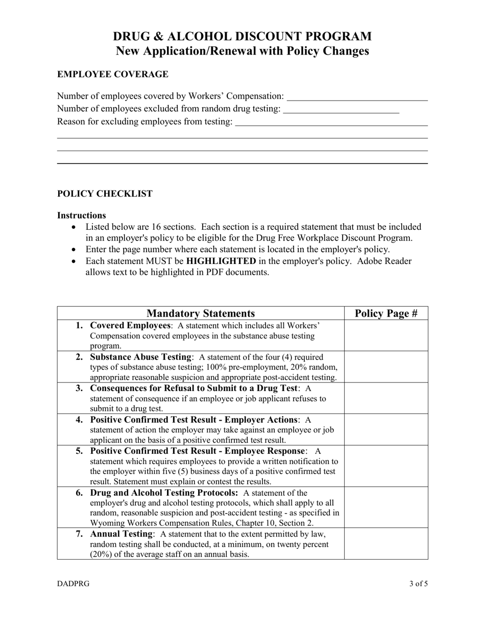 Drug  Alcohol Discount Application - New Application / Renewal With Policy Changes - Wyoming, Page 3