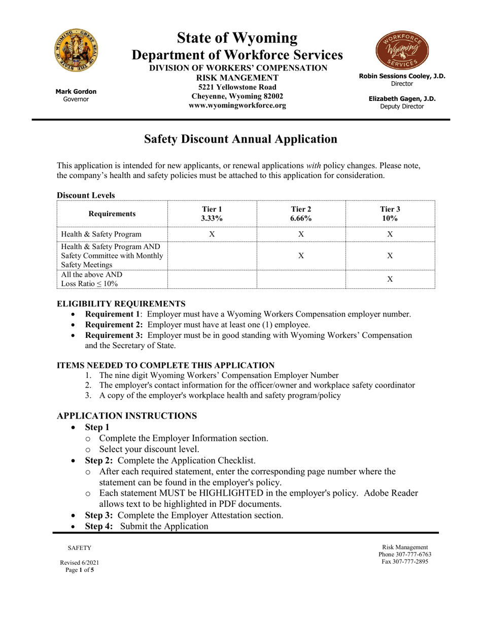 Safety Discount Annual Application - New Application / Renewal With Policy Changes - Wyoming, Page 1