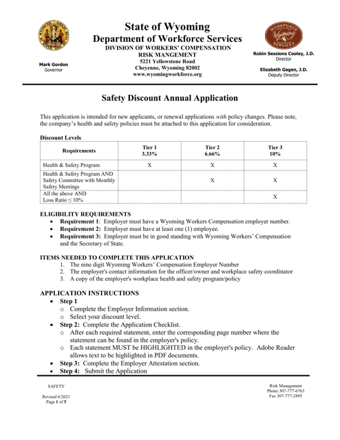 Safety Discount Annual Application - New Application / Renewal With Policy Changes - Wyoming Download Pdf