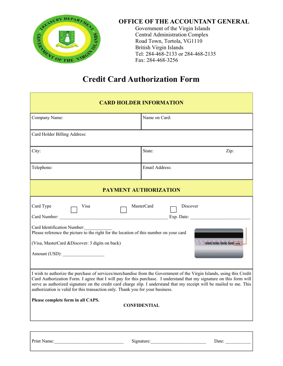 Credit Card Authorization Form - British Virgin Islands, Page 1