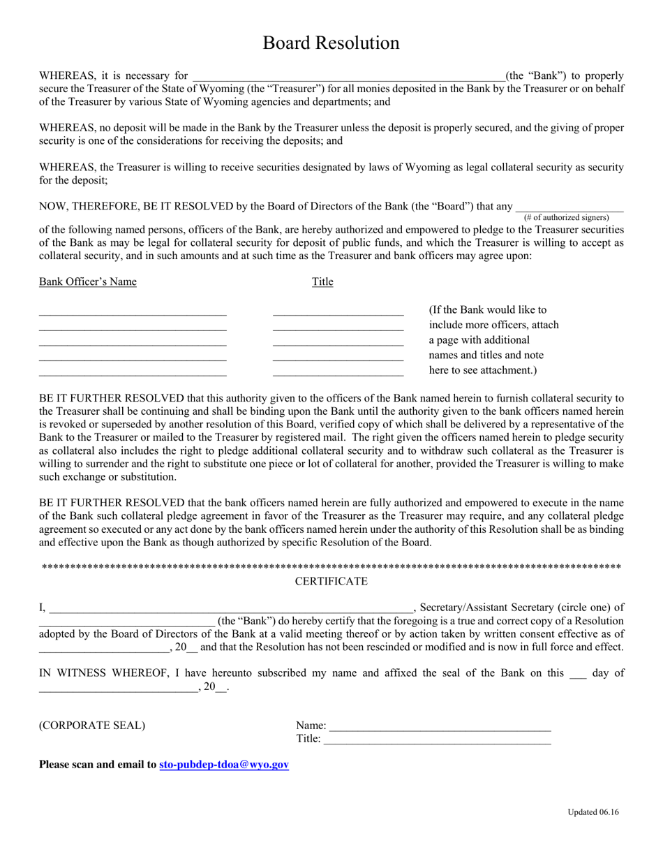 Wyoming Board Resolution - Fill Out, Sign Online and Download PDF ...