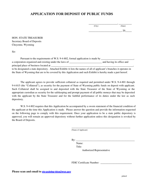 Application for Deposit of Public Funds - Wyoming Download Pdf