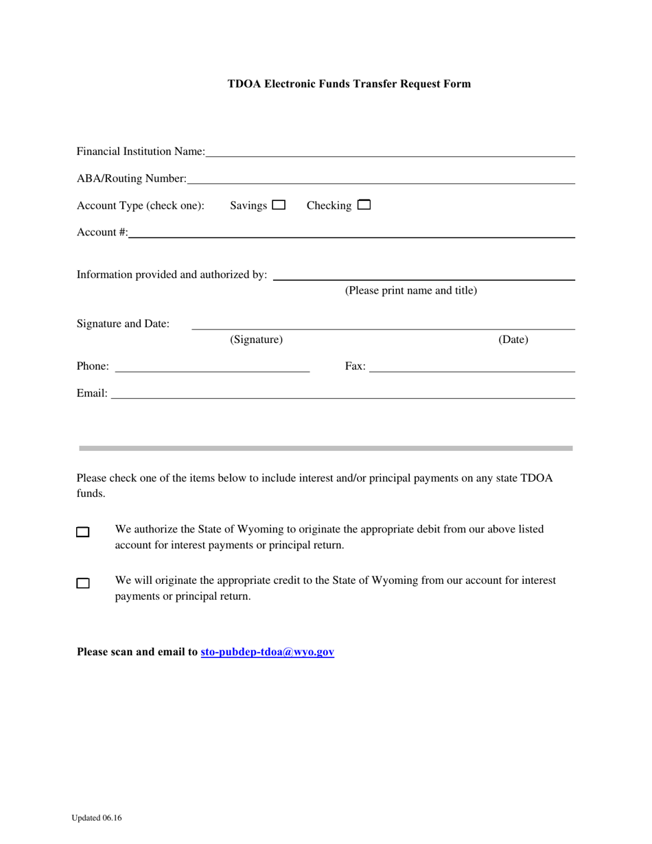 Tdoa Electronic Funds Transfer Request Form - Wyoming, Page 1