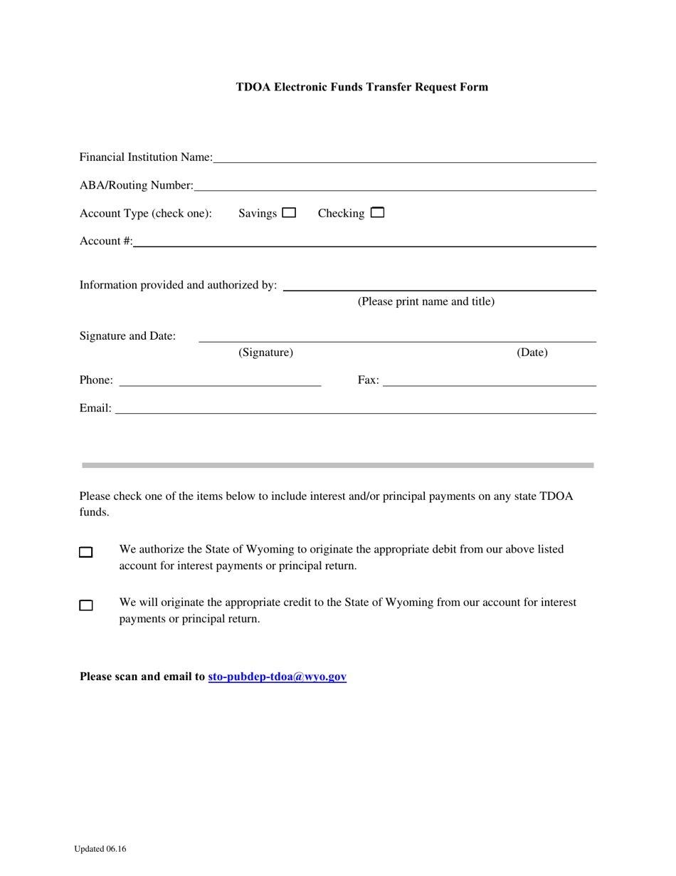 Wyoming Tdoa Electronic Funds Transfer Request Form Fill Out, Sign