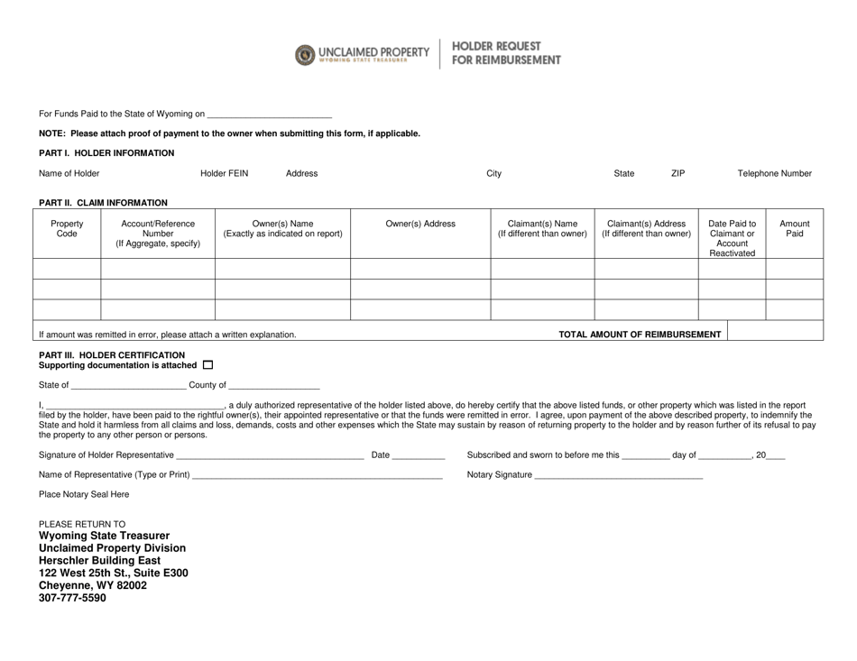 Holder Request for Reimbursement - Wyoming, Page 1
