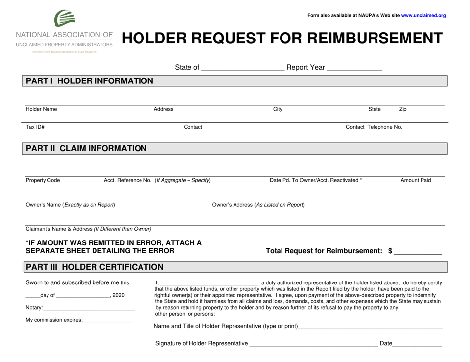Holder Request for Reimbursement, Page 1